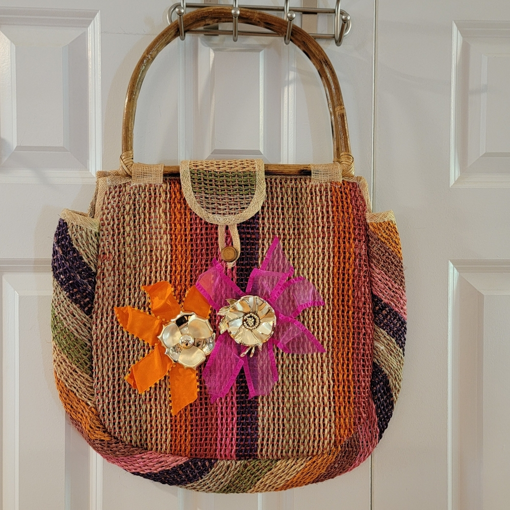 Vintage Bamboo Handle Woven Raffia‎ Multi-color Stripe Bag